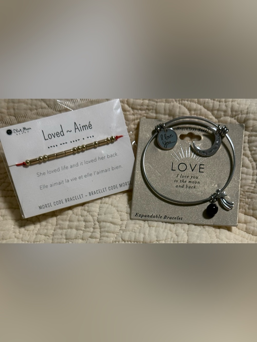 Bracelet set: “loved” in Morse code and “I Love you to the moon and Back” bangle